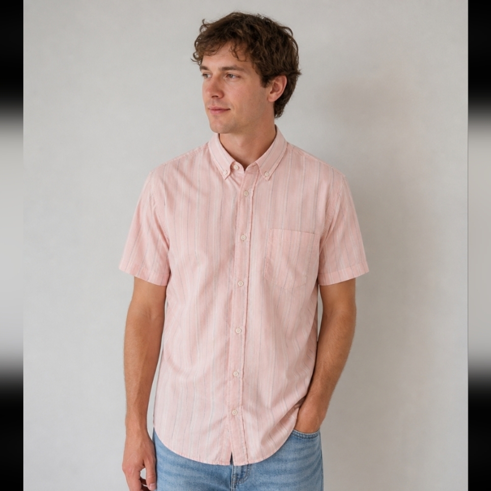 Men's XlL 46-48 Pink Striped Button Down Dress Shirt